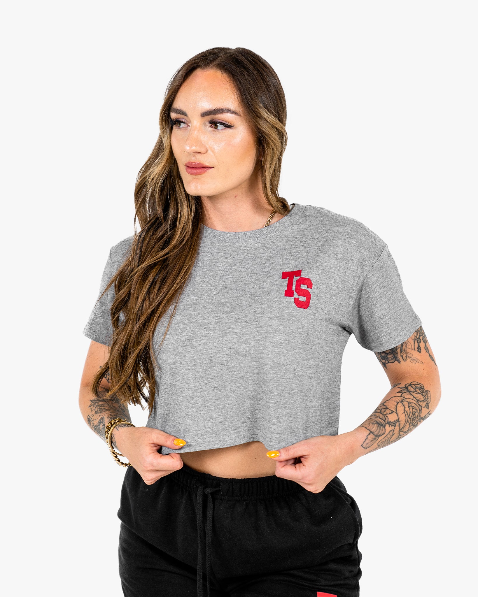 WKND Crop Tee - Grey w/ Red